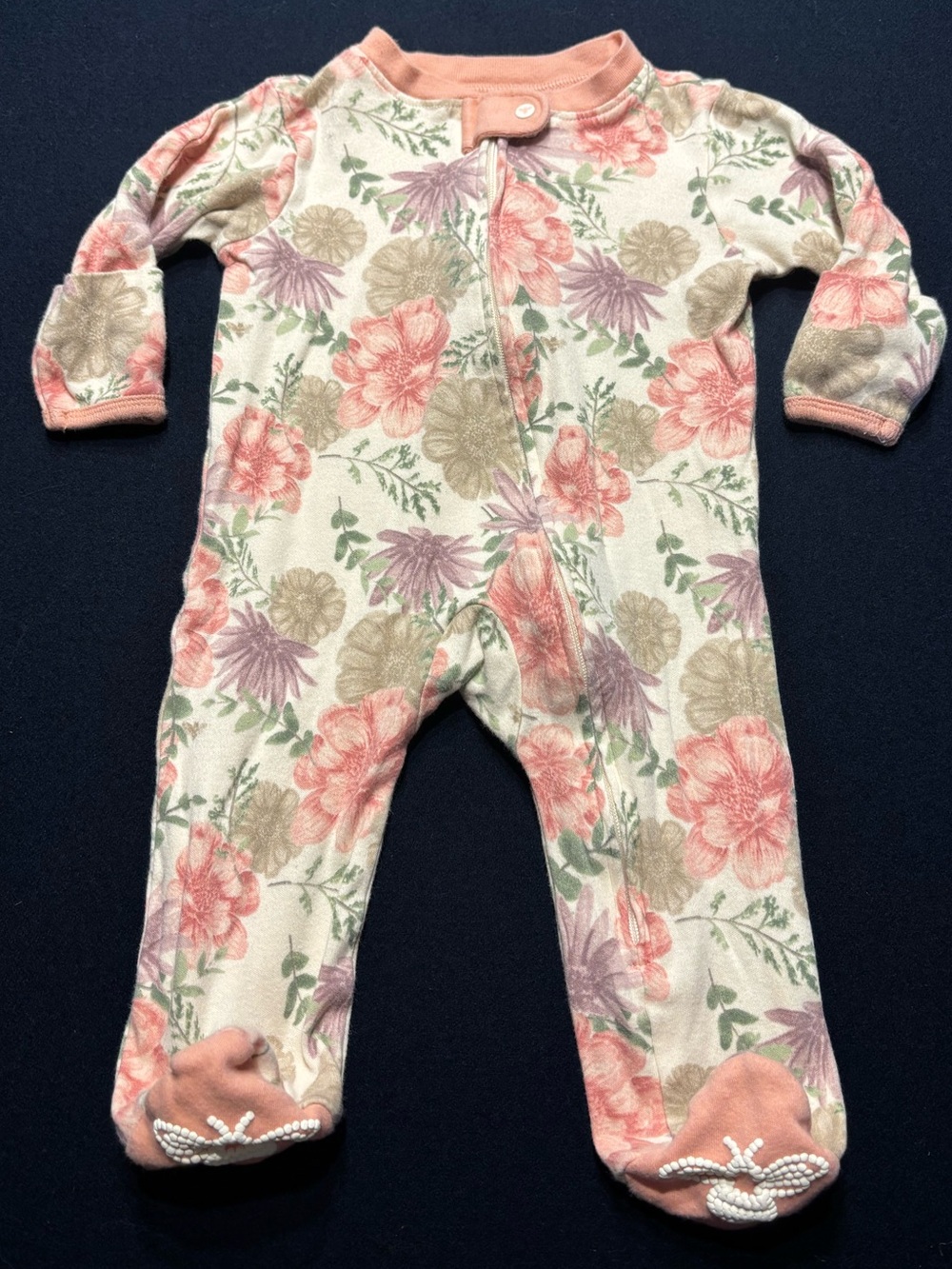 Burt’s Bees Floral Footed One-Piece - Pink & Cream - 0-3M